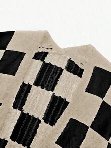 Sweetra Áo khoác cardigan dệt kim dáng rộng, dài tay, hở phía trước, họa tiết caro mùa thu dành cho nữ - Nhiều màu - Xem 4