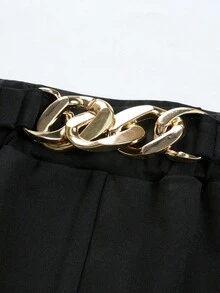 SHEIN Tall CURVE 大码女式纯色腰带金属扣细节阔腿裤，短裤，四季风格，派对，音乐会，通勤日常风格，音乐节，浪漫，情人节，度假，春夏宽松裤 - 黑色 - 查看 8