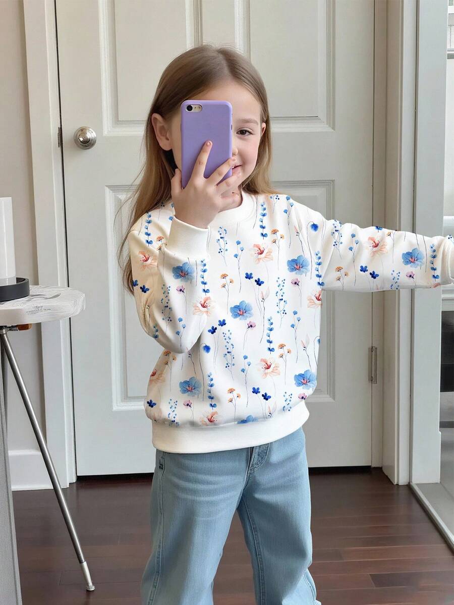 SHEIN Playful Pals Baby Girls' Casual Floral Print Crew Neck Sweatshirt, Minimalist Countryside Style, Autumn/Winter Fall