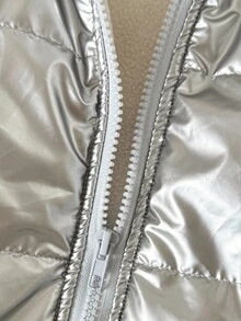 SHEIN 婴幼儿男女通用 0-3 岁休闲街头时尚厚立领夹克，金属银色外套，秋冬 - 銀色 - 查看 6