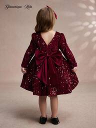 Glamorique Kids Dziewczęca sukienka księżniczki z aksamitu z cekinami i bufiastymi rękawami z tiulu, świąteczna sukienka dla młodej dziewczynki, strój imprezowy, sukienka dla gościa weselnego, ubrania świąteczne, sukienki zimowe, sukienki jesienne, sukienka urodzinowa, sukienka Mikołaja, sukienka noworoczna, dziewczęca elegancka sukienka formalna z kokardą z tyłu, sukienka na występy sceniczne, jesienno-zimowa nowość