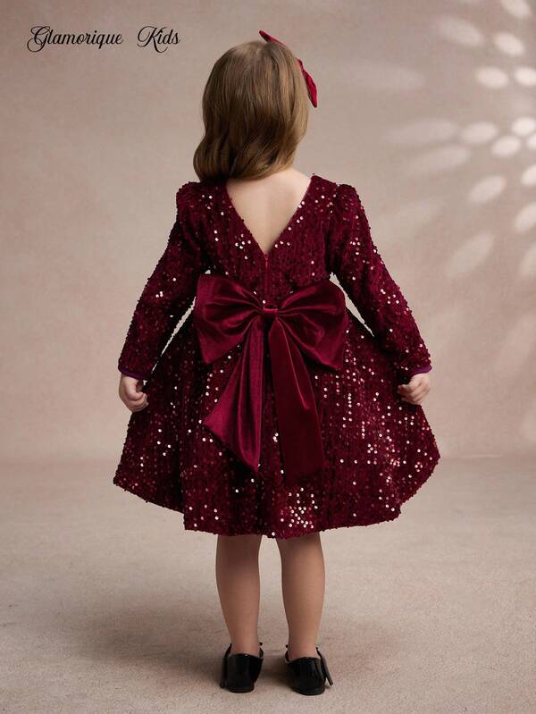 Glamorique Kids Princess Dress For Girls,  Sequined Bubble Long-Sleeved Dress, Christmas Kids Dress, Partywear Wedding Guest Dress Christmas Clothes Winter Dresses Fall Dresses Birthday Dress  New Years Dress Christmas Children's Ball Dress, Birthday Party Wedding Festival Dress, Back Fortune Big Bow Dress, Stage Performance Gorgeous Dress, Autumn And Winter New Style Dress