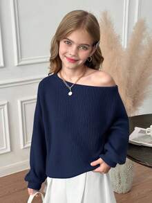 SHEIN Serisse Kids Tween Girls Solid Navy Color Asymmetrical Neckline Long Sleeve Sweater, Suitable For Autumn Winter, Back To School, Fall Winter Clothes, Winter Girls Clothes, Mommy And Me Matching Outfit, Chic Autumn Sweater,Mother Daughter Outfits Navy Sweater Navy Blue Girls Sweater Off The Shoulder Tops For Tweens Tween Off The Shoulder Top Girls Navy Sweater Girls Off The Shoulder Sweater Navy Blue Sweater Girls Blue Sweater Tween