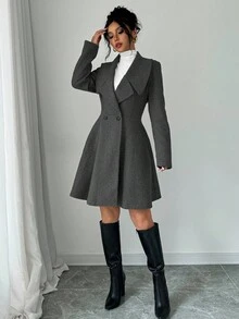 Elenzga Áo khoác ngoài thanh lịch, tay dài, hai hàng khuy, màu trơn dành cho nữ, mùa thu/đông - Màu xám đen - Xem 4