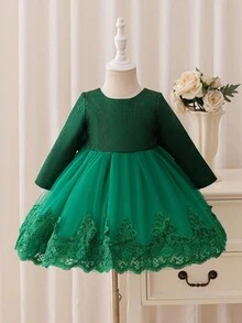 Glamorique Kids 圣诞节女婴连衣裙、冬季派对连衣裙、圣诞老人连衣裙、新年连衣裙、秋季连衣裙 - 女婴蕾丝网眼泡泡袖公主裙，背部饰有大蝴蝶结，翠绿色 - 綠色 - 查看 2