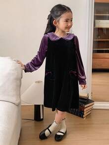 DAZY Girls Young Girl Fall/Winter Velvet Pinafore Dress Set, Collared Blouse, Cute Bow Design, Casual & Fashionable Everyday Wear - Multicolor - View 1