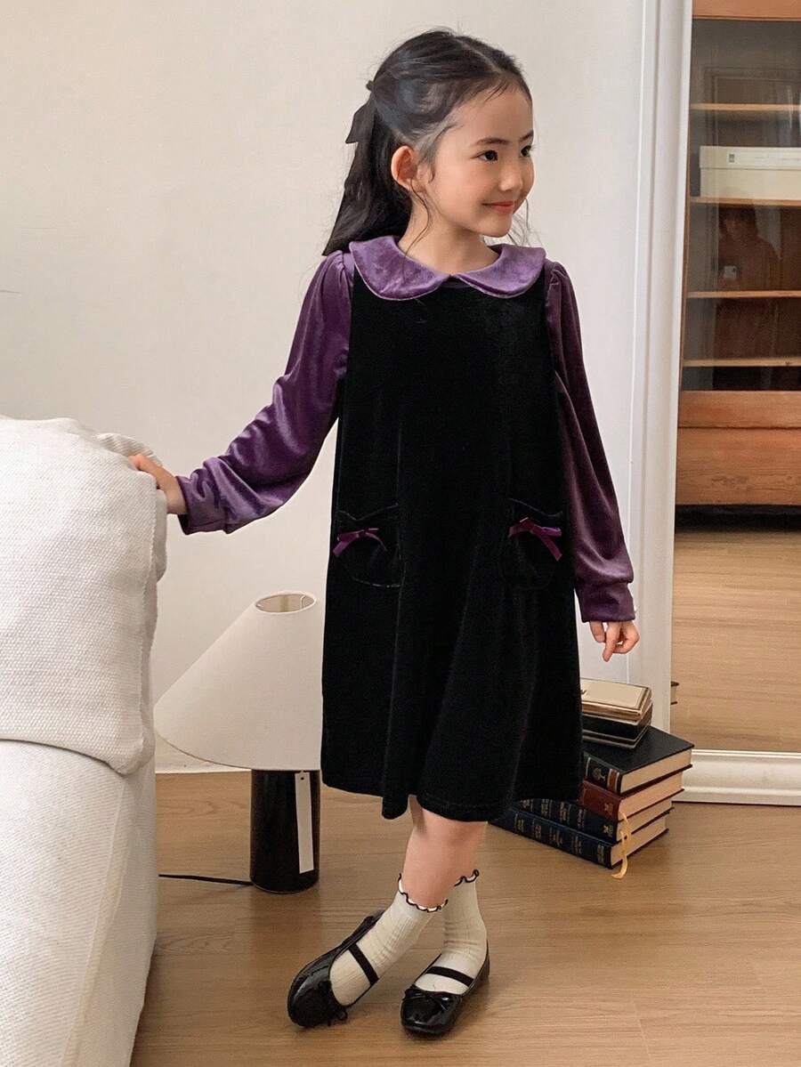 DAZY Girls Young Girl Fall/Winter Velvet Pinafore Dress Set, Collared Blouse, Cute Bow Design, Casual & Fashionable Everyday Wear - Multicolor - View 1