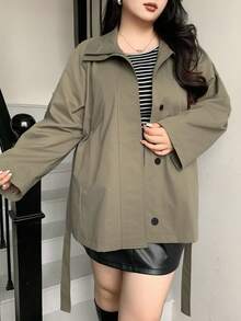 Dazy Plus Plus Size Women Stand Collar Long Sleeve Tie Waist Casual Trench Coat, Spring/Autumn Jacket