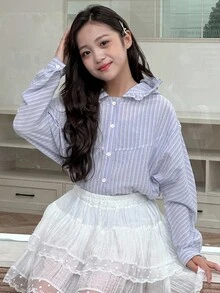 Dazy Kids 女童格子连帽长袖梭织衬衫 - 淺藍色 - 查看 2