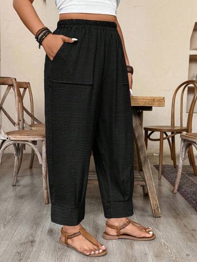 Breezaya Plus Size Casual Solid Color Linen-Look Pants