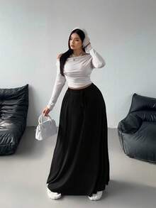 Flirla Jupe en tricot ample, décontractée, de couleur unie, mode polyvalente, grande taille - Noir - Voir 6