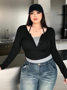 DAZY Áo thun tay dài cài nút phía trước cỡ lớn mùa hè - màu đen - Xem 5