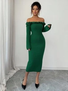 Elenzga Women's Autumn/Winter New U-Neck Floral Design Elegant Fitted Flare Sleeve Midi Knit Sweater Dress, Versatile For Daily Wear And Dates - Green - View 7