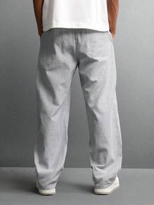 SUMWON 棉质宽松阔腿细条纹裤抽绳腰部松紧带经典休闲家居服复古风格下装带口袋 - 灰色 - 查看 5