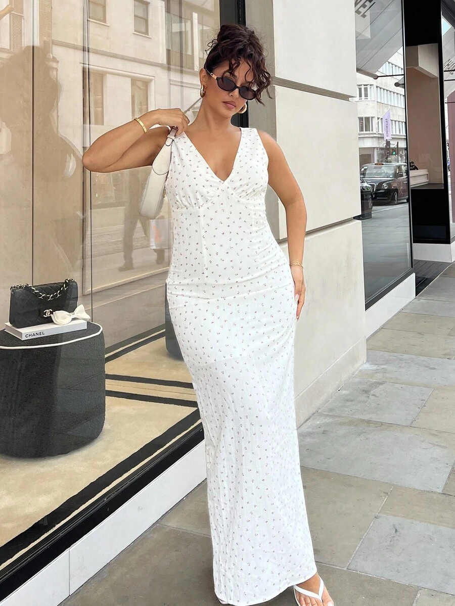 NegzBox Váy dài chữ A cổ chữ V họa tiết hoa nhỏ xinh xắn - trắng - Xem 1