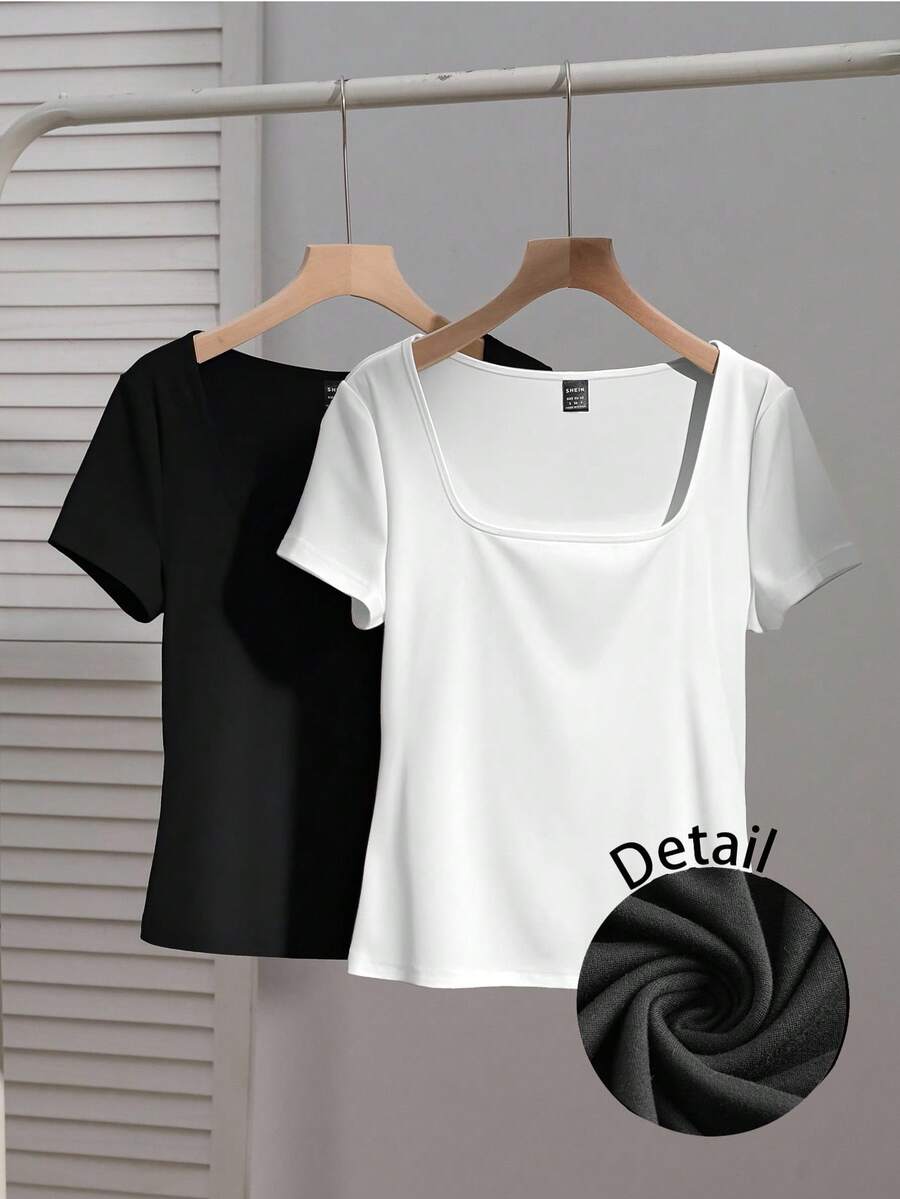SHEIN EZwear 2 件女式方领短袖休闲修身性感 T 恤,适合秋冬造型,街头时尚,别致 - 彩色 - 查看 1