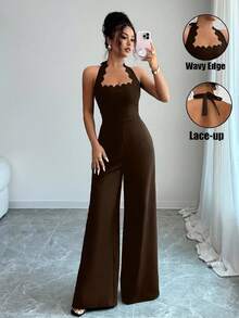 Selianne Women's Elegant Wavy Halter Wide Leg Jumpsuit, Suitable For Commuting, Dating, And Vacation - Brown - View 2