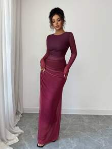 Rafferiza 女式透视网眼长袖渐变色褶饰紧身连衣裙，休闲日常/沙滩/居家/办公室连衣裙 - 酒紅色 - 查看 3