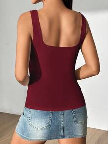 Flirla Women's Solid Color Pleated Cropped Fitted Square Neck Casual Tank Top - Burgundy - View 2