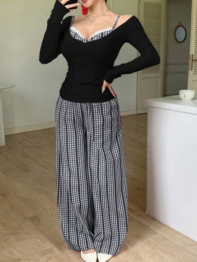 Joudiya 3 件套女士宽松休闲度假风镂空蕾丝拼布格子吊带背心、直筒裤和 T 恤套装秋冬