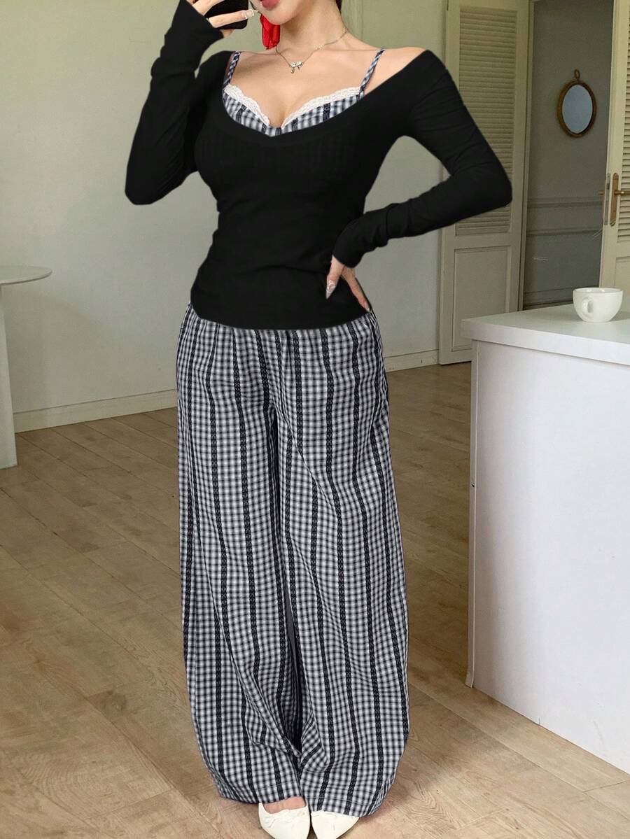 Joudiya 3 件套女士宽松休闲度假风镂空蕾丝拼布格子吊带背心、直筒裤和 T 恤套装秋冬 - 黑色 - 查看 1