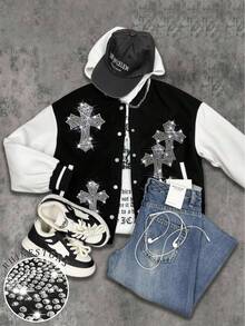 Rhinestone Cross Graphic Embellished Baseball Jacket, Women's Contrast Color Long Sleeve Casual Outerwear, Suitable For Everyday Wear Fall Winter Cloth For Women