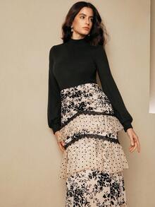 Anewsta 女式修身高领泡泡袖拼布不对称荷叶边下摆长连衣裙 - 彩色 - 查看 5