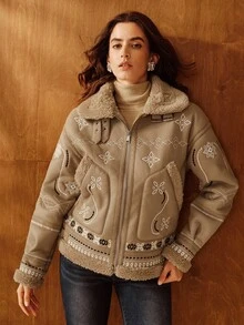 Anewsta 女士时尚刺绣PU复合毛皮夹克，秋冬 - 卡其色 - 查看 10