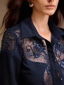 Anewsta قميص أنيق للسيدات بأكمام طويلة بطراز غربي جديد مع تطريز اللؤلؤ وتصميم مفرغ، مناسب للخريف والشتاء والخروج والمناسبات الرسمية والأنيقة والعصرية كالرأس السنة والكريسماس والعمل والتخرج والزفاف