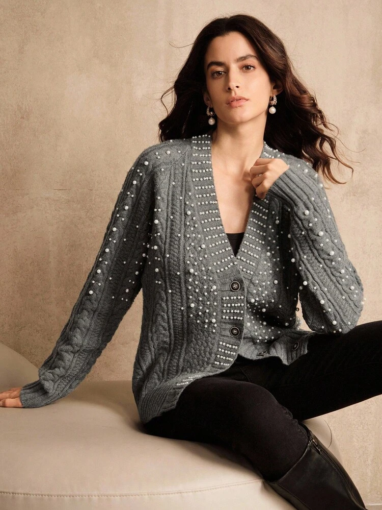 Pearl Design Cardigan Sweater Jacket, Thick Polar Fleece Outerwear For Autumn/Winter