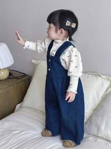 SHEIN Little Byeori 女婴海军蓝色宽松牛仔连体裤