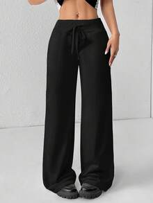 SHEIN PETITE Comfortable And Casual Plain Knitted Low-Rise Wide-Leg Women's Sweatpants Wide Leg Sweatpants Flare Sweat Pants Wide Leg Pants Black Flare Pants Women Pants Wide Leg,Fall - Black - View 6