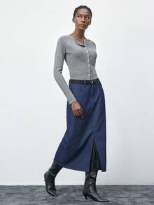 Maija Grey Round Neck Cardigan Long Sleeve Fitted Cropped Women Knit Top Winter Clothes For Women New Year Christmas Sweater Halloween Costume Women Christmas Sweater Cozy Fall And Winter Clothes For Women Maija Fall Winter 2025 Women Stylish Clothing Collection