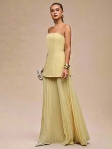 SHEIN BAE 女式纯色褶裥长裙 - 黃色 - 查看 3