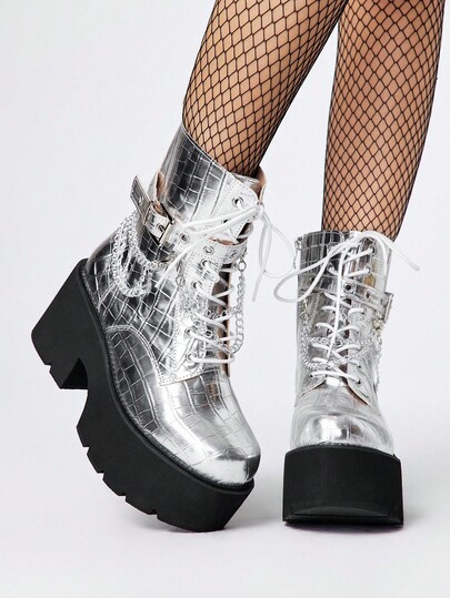 Grunge Punk Women's Punk Style Thick Sole Chunky Heel Ankle Boots, Gothic Metal Chain Decor Platform Wedge Combat Boots, Comfortable