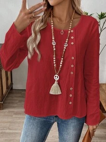 SHEIN LUNE 女士纯色简约休闲圆领长袖衬衫 - 紅色 - 查看 3