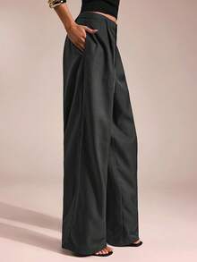 SHEIN Forever 21 女士裤子商务休闲女士西装女士阔腿裤办公室女士服装宽松裤职业女性服装办公室服装灰色 - 深灰色 - 查看 3