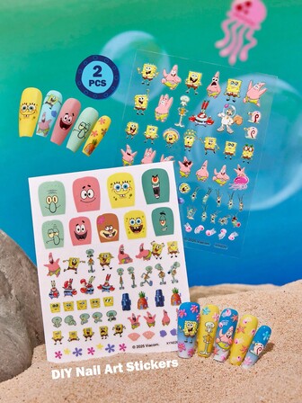 SpongeBob SquarePants | SHEIN 2Pcs Cute 3D Relief And Flat Cartoon Nail Art Decoration Stickers Waterproof Self-Adhesive Baking Lamp-Free Nail DIY Stickers Accessories Nail Decals, Nail Supplies, Nail Charms, Nail Stuff, Nails Press On, Salon DIY Sliding Nail Art Decoration, Nail Tech Must Haves,Nails Press On,Nail Tips,Manicure Sliders Decor.Patrick,Squidward,Mr. Krabs,Sandy,Gary,Plankton,Ocean