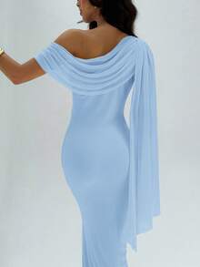 Aloruh 女式不对称领口简约纯色修身连衣裙 - 淺藍色 - 查看 8
