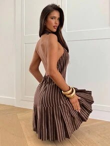 Aloruh Damen Herbst/Winter neue Mode Mini Neckholder Kleid, plissiertes Kleid, braun gestreiftes Preppy Y2K Stil Kleid - Braun - Übersicht 3