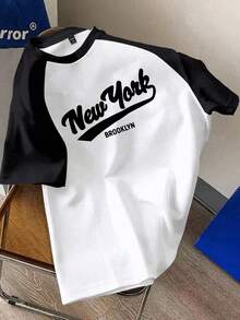 Manfinity Joysei 男士加大码时尚休闲纽约手写字母印花撞色插肩袖T恤，适合约会、聚会等场合，必备单品，适合情侣、家庭亲子装，送给男友/老公的绝佳礼物，纽约棒球衫 - 黑與白 - 查看 1