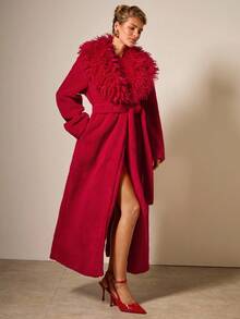 COSMINA 女士休闲纯色加厚保暖长袖仿皮草夹克，秋冬 - 紅色 - 查看 4