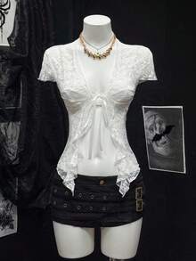 SHEIN PETITE 女士性感系带V领短款上衣，夏季 - 白色 - 查看 1