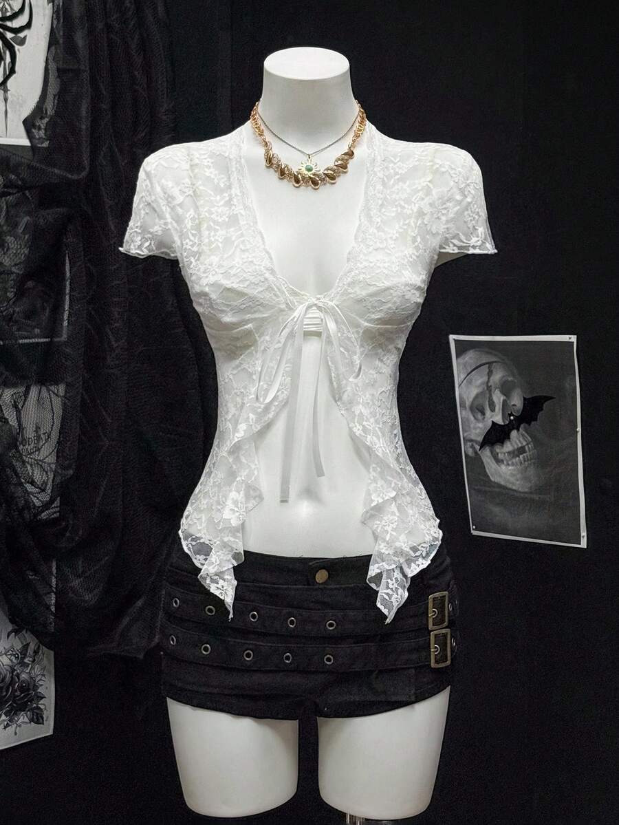 SHEIN PETITE 女士性感系带V领短款上衣，夏季 - 白色 - 查看 1