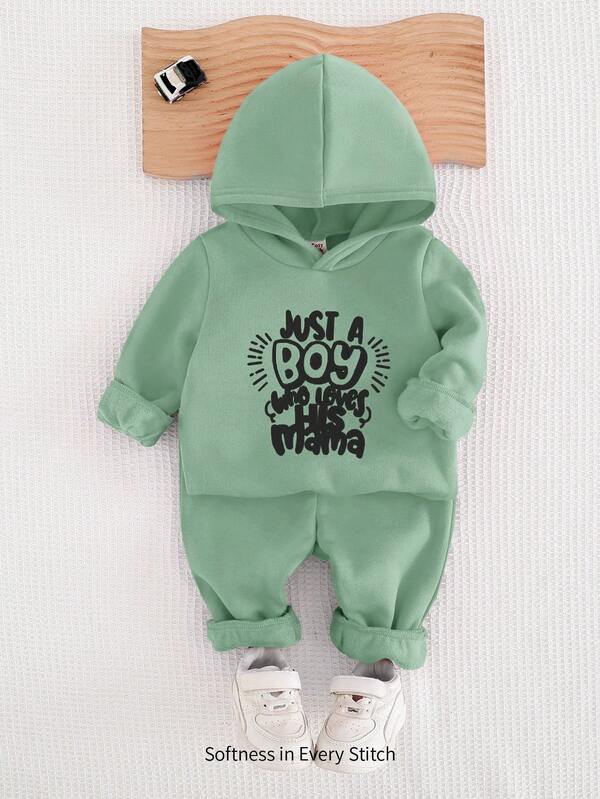 Cozy Pixies 2 Stücke Set aus weichem Strick mit Rundhalsausschnitt und Langarm-Kapuzenpullover und Jogginghose für Babys und Jungen mit Buchstabe Muster. Hellgrünes Outfit für Neugeborene. Unisex-Jogginganzug in Grün für Babys und Jungen. Kapuzenpullover-Set für Babys und Jungen