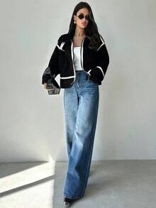 Firerie Abrigo elegante de manga larga con falso pelo y contraste de color para mujer