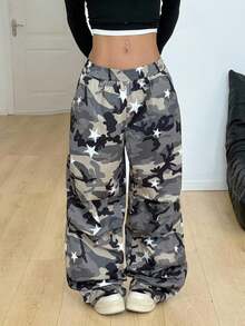 Coolane Pantalones anchos con gráficos de camuflaje para mujer, ideales para conciertos, festivales, salidas, fiestas, regreso a la escuela y talla grande - Verde militar - Ver 3