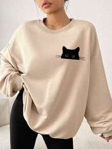 SHEIN EZwear Black Cat Peeking Cute Graphic Print Casual Loose Fit Crew Neck Long Sleeve Thick Sweatshirt For Women, Autumn/Winter - Apricot - View 4