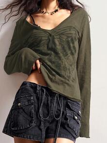 Bohemela Lässiges, locker sitzendes Langarm-Oversize-T-Shirt für Damen in Große Größen, Streetwear - Armeegrün - Übersicht 5