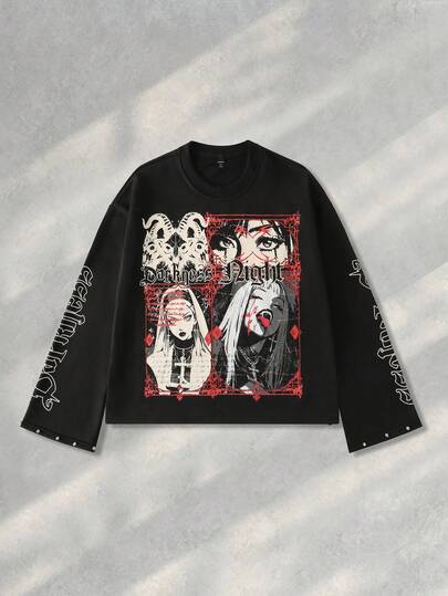 Herren Langarm T-Shirt mit japanischem Cartoon-Charakterdruck, locker geschnitten, für den Herbst